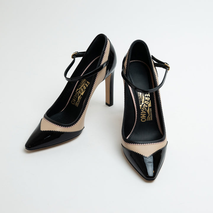 Ferragamo Black and Nude Leather Erika Mary Jane Pumps Size 36.5