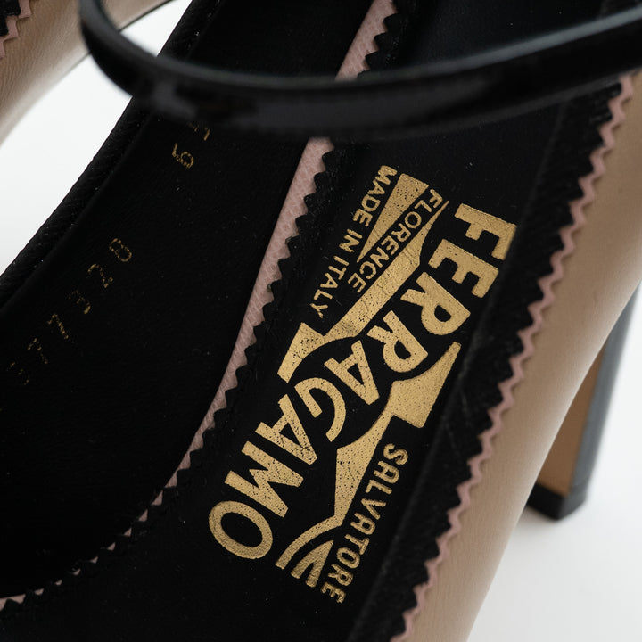 Ferragamo Black and Nude Leather Erika Mary Jane Pumps Size 36.5