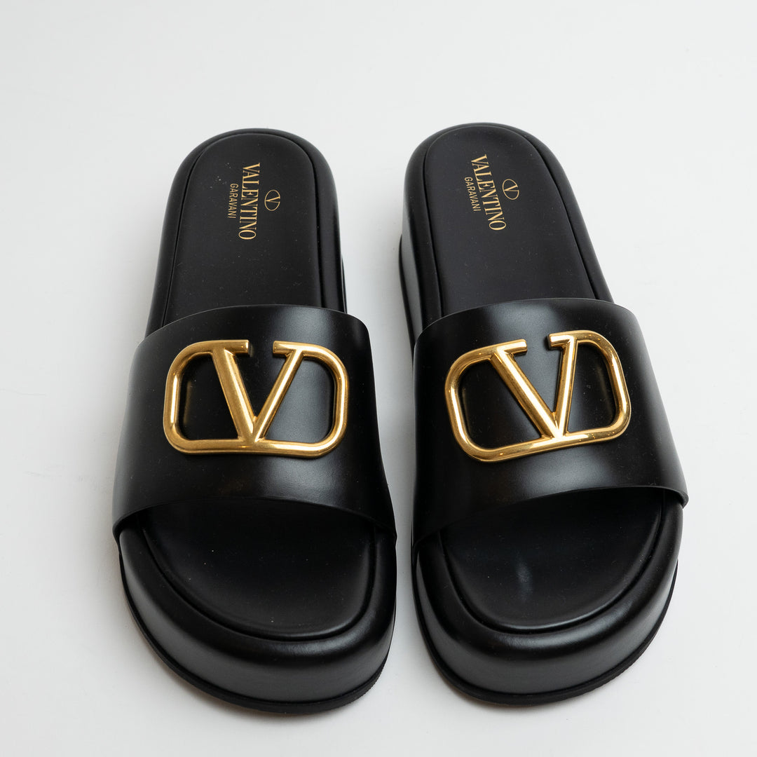 Valentino Black Leather VLogo Slide Platform Wedge Sandals Size 38