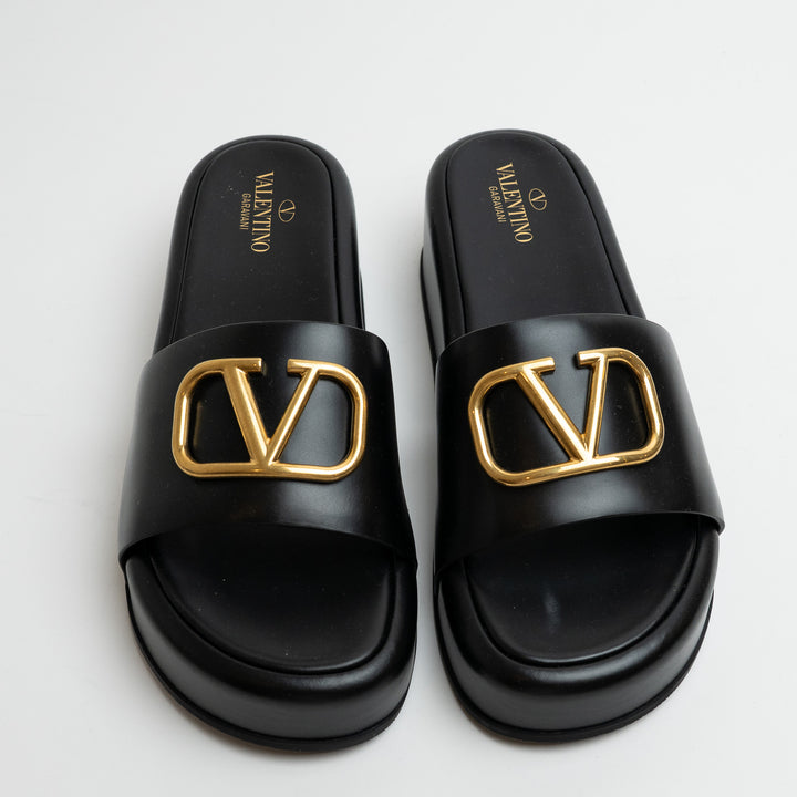 Valentino Black Leather VLogo Slide Platform Wedge Sandals Size 38
