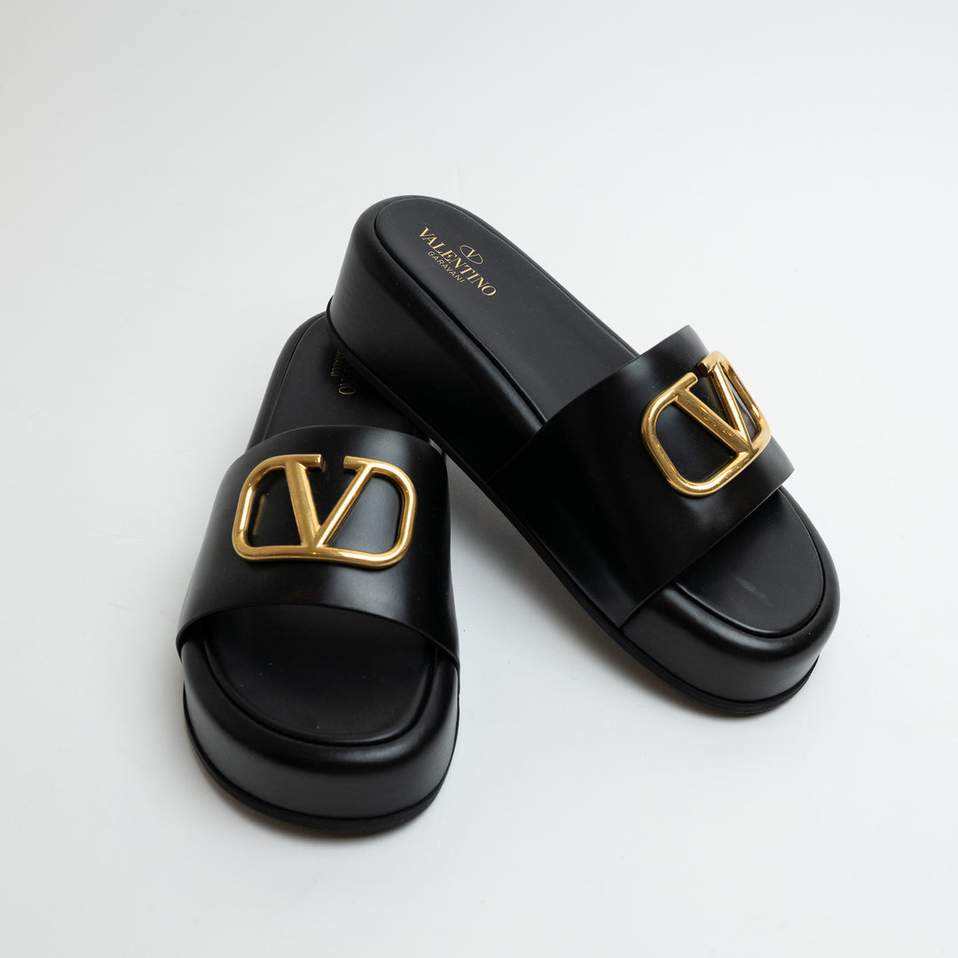 Valentino Black Leather VLogo Slide Platform Wedge Sandals Size 38