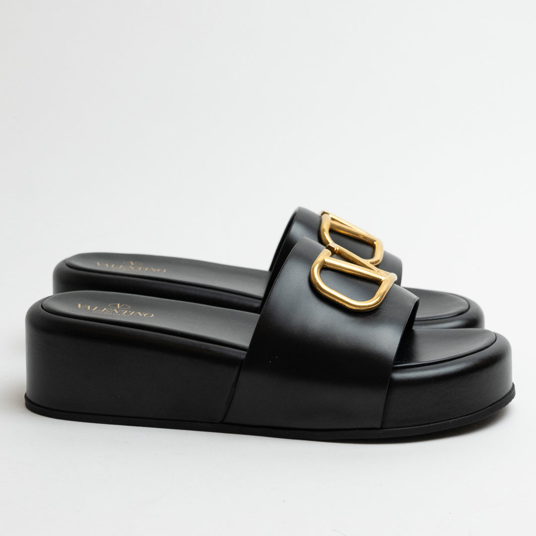 Valentino Black Leather VLogo Slide Platform Wedge Sandals Size 38