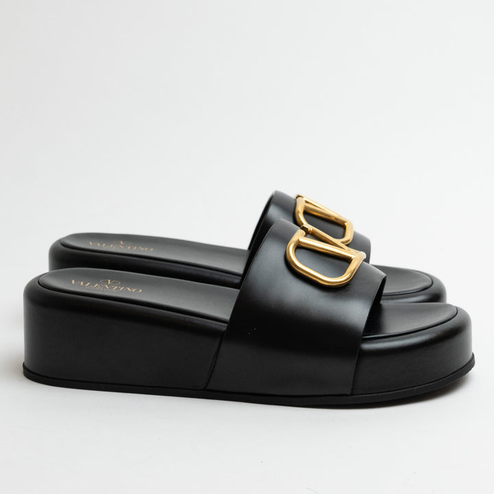 Valentino Black Leather VLogo Slide Platform Wedge Sandals Size 38