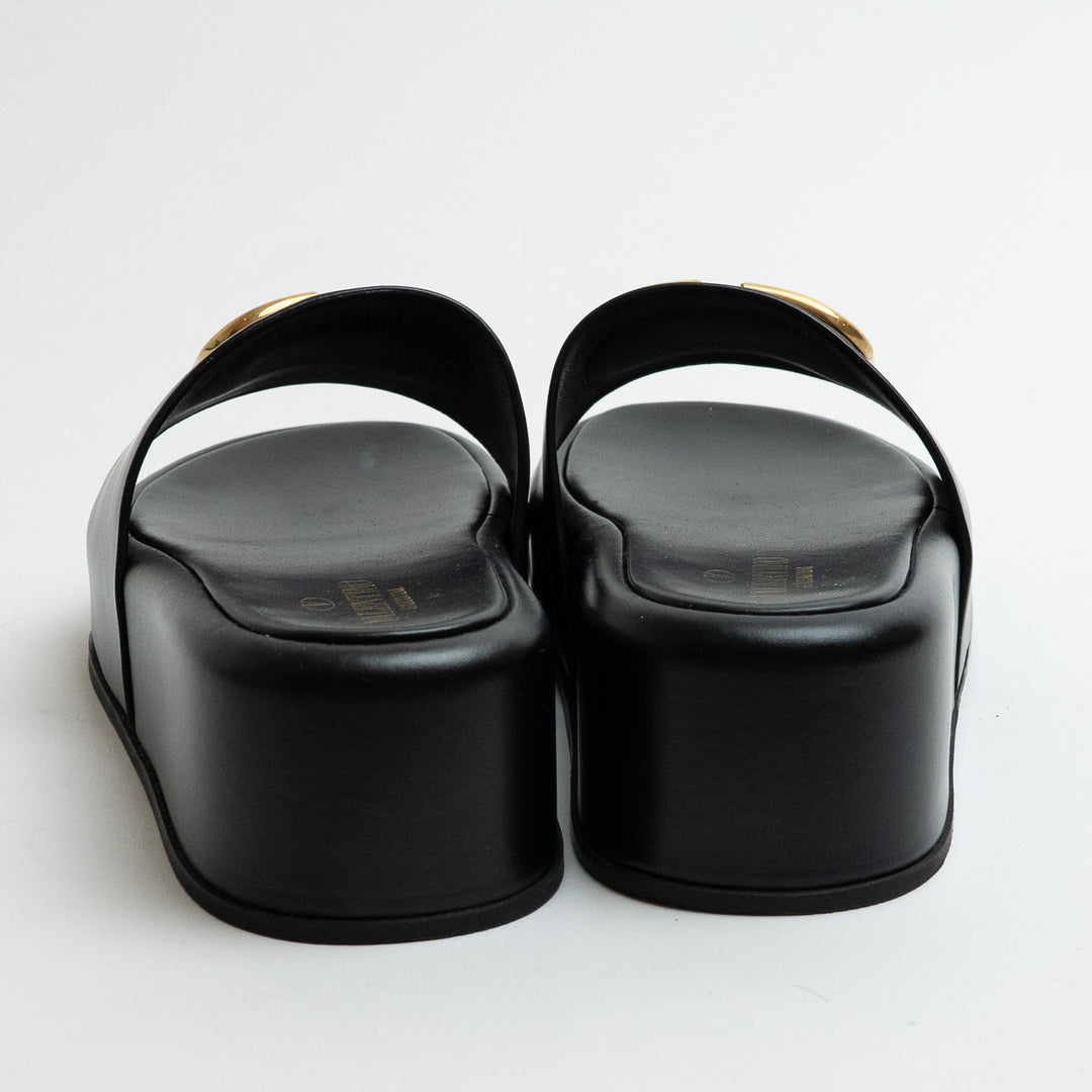 Valentino Black Leather VLogo Slide Platform Wedge Sandals Size 38