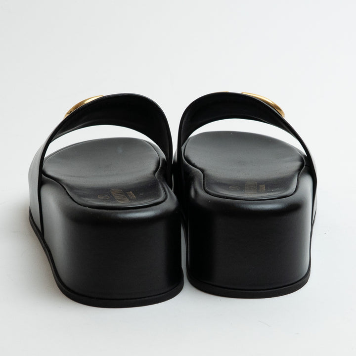 Valentino Black Leather VLogo Slide Platform Wedge Sandals Size 38