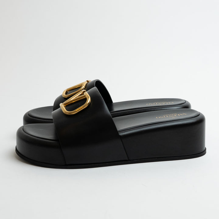 Valentino Black Leather VLogo Slide Platform Wedge Sandals Size 38