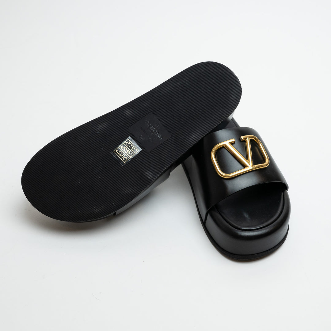 Valentino Black Leather VLogo Slide Platform Wedge Sandals Size 38