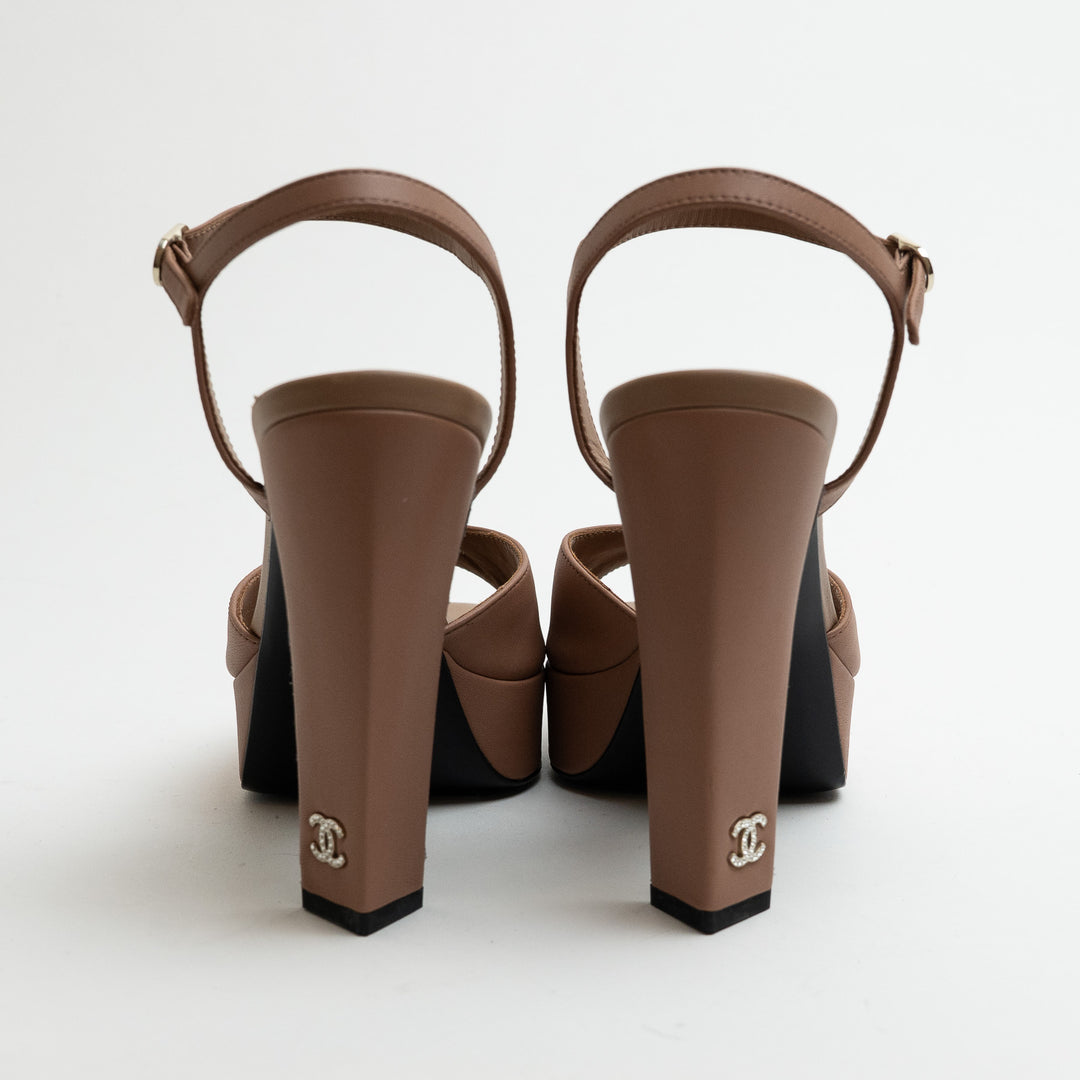 Pre-Loved Chanel™ Beige Leather Platform Block Heel Sandals Size 38