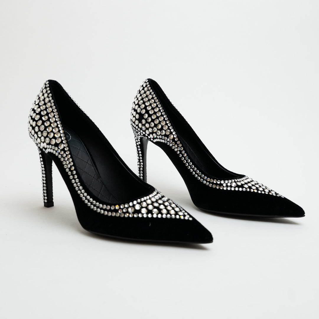 Balmain Black Velvet and Multi-Size Crystal Embellished Heels Size 38.5