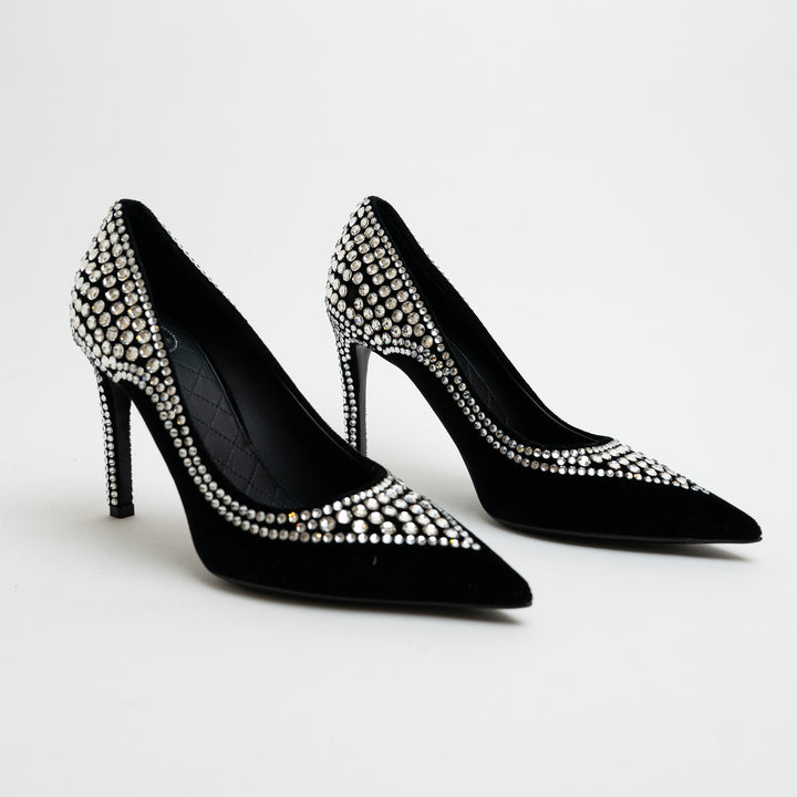 Balmain Black Velvet and Multi-Size Crystal Embellished Heels Size 38.5