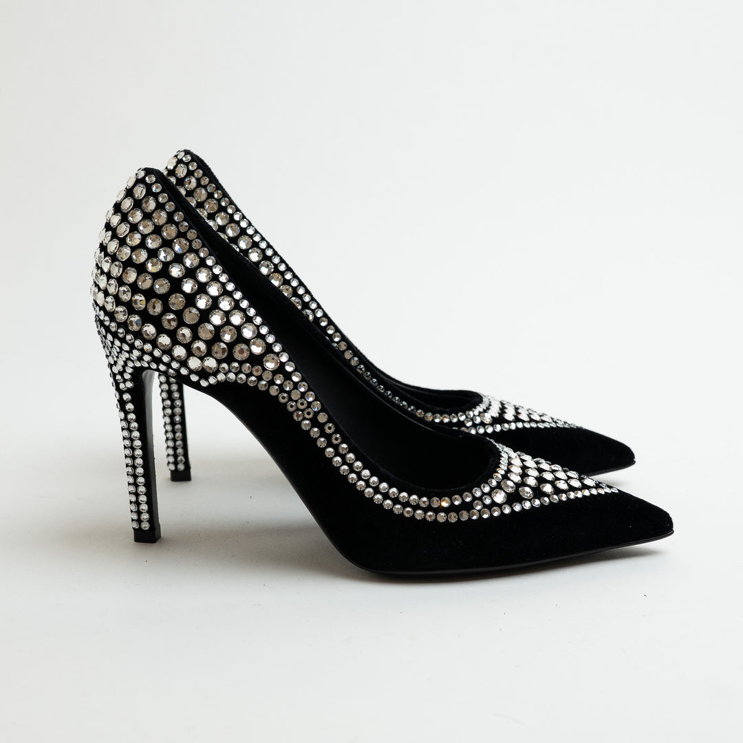 Balmain Black Velvet and Multi-Size Crystal Embellished Heels Size 38.5