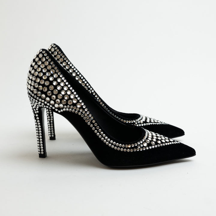 Balmain Black Velvet and Multi-Size Crystal Embellished Heels Size 38.5