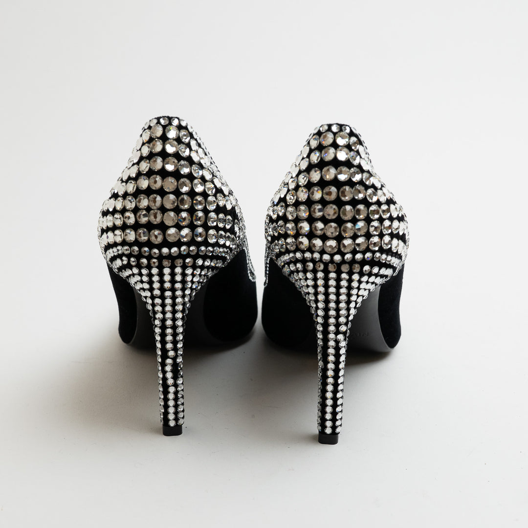 Balmain Black Velvet and Multi-Size Crystal Embellished Heels Size 38.5