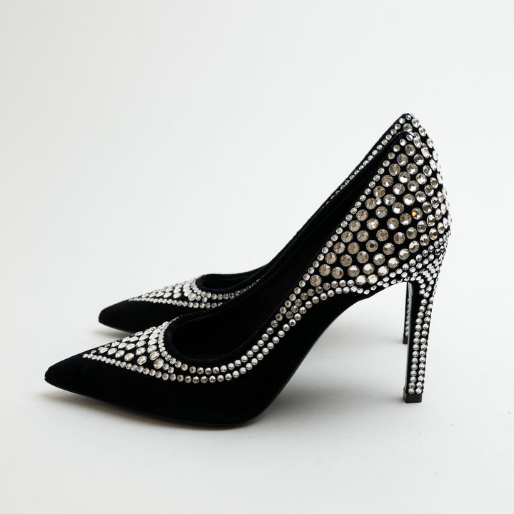 Balmain Black Velvet and Multi-Size Crystal Embellished Heels Size 38.5