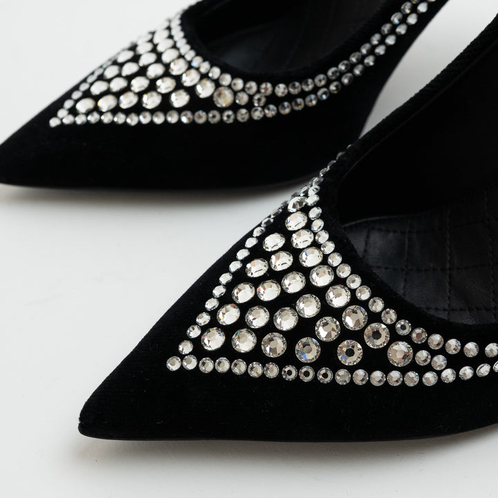 Balmain Black Velvet and Multi-Size Crystal Embellished Heels Size 38.5