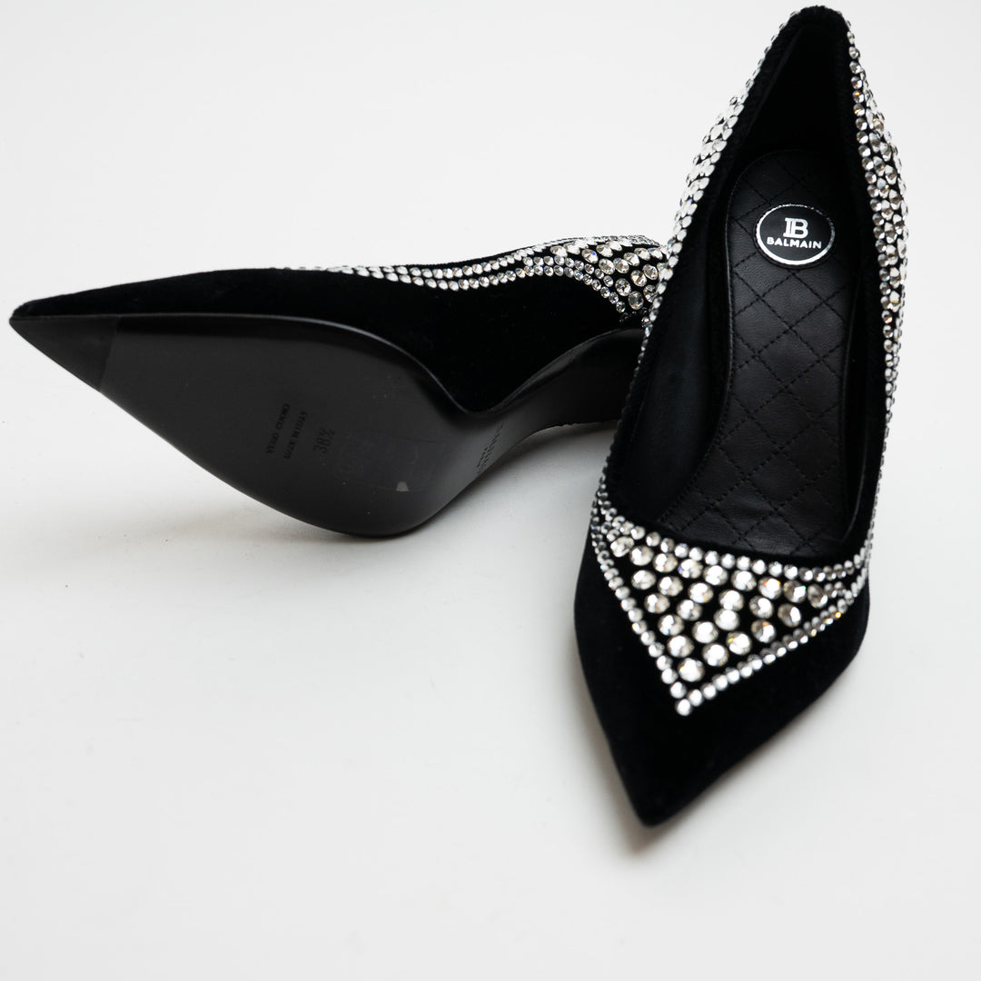 Balmain Black Velvet and Multi-Size Crystal Embellished Heels Size 38.5