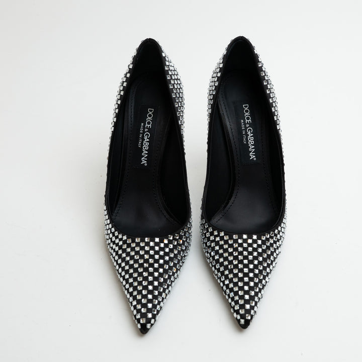 Dolce and Gabbana Black Satin and Crystal Embellished Pointed-Toe Heels Size 39