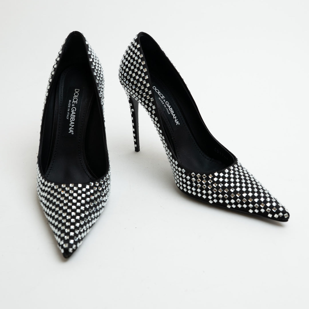 Dolce and Gabbana Black Satin and Crystal Embellished Pointed-Toe Heels Size 39