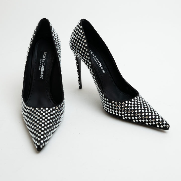 Dolce and Gabbana Black Satin and Crystal Embellished Pointed-Toe Heels Size 39