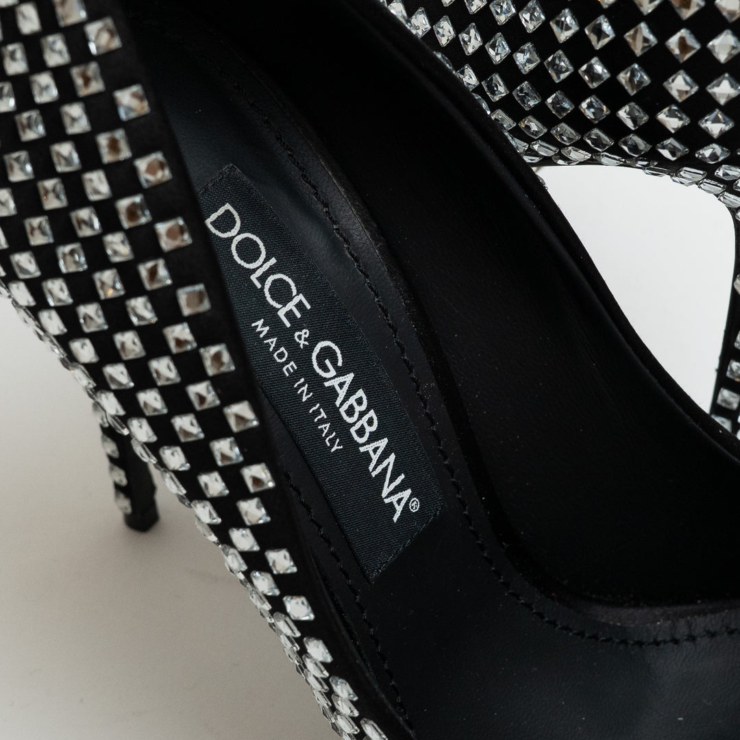 Dolce and Gabbana Black Satin and Crystal Embellished Pointed-Toe Heels Size 39