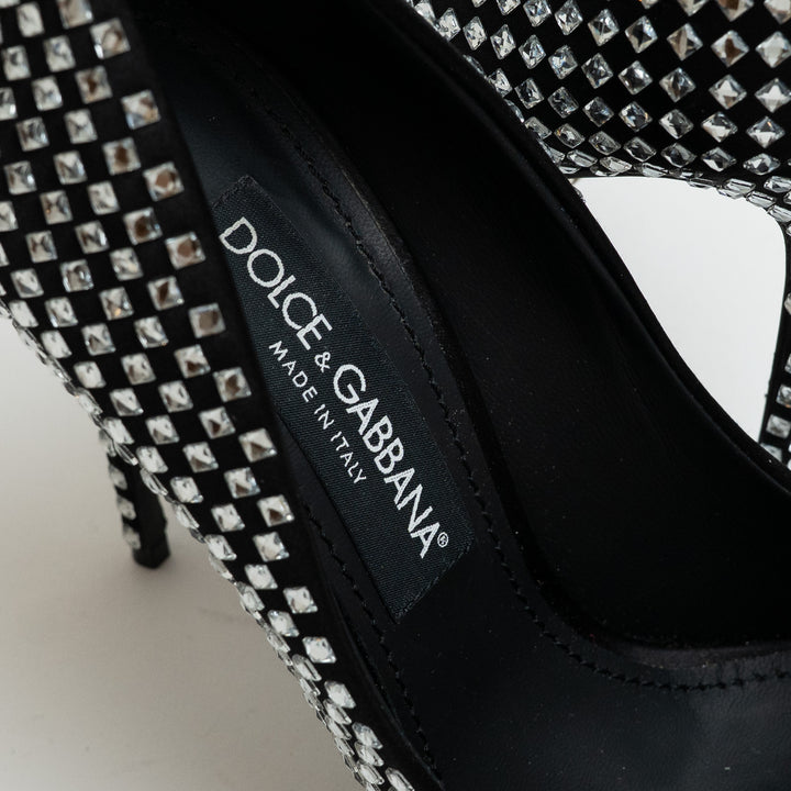 Dolce and Gabbana Black Satin and Crystal Embellished Pointed-Toe Heels Size 39