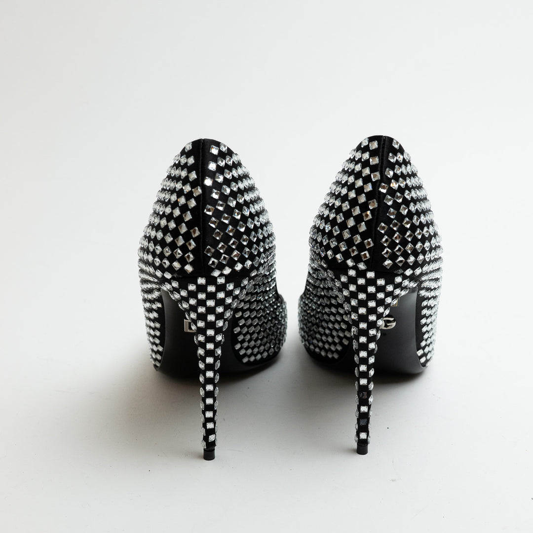 Dolce and Gabbana Black Satin and Crystal Embellished Pointed-Toe Heels Size 39