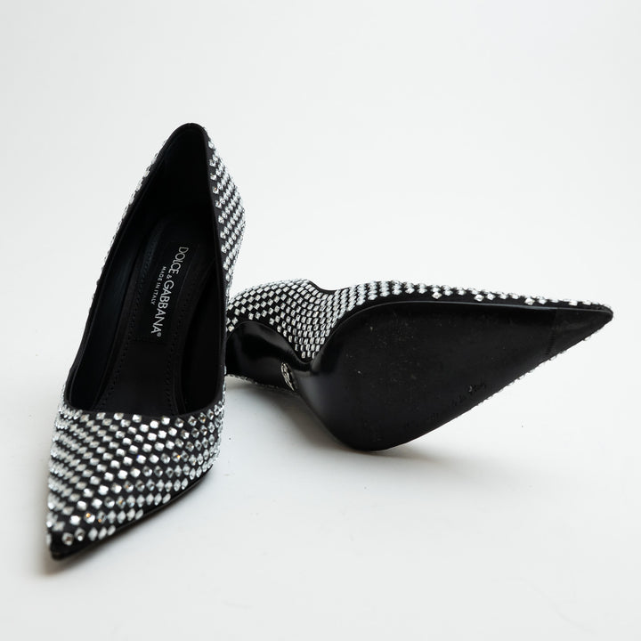 Dolce and Gabbana Black Satin and Crystal Embellished Pointed-Toe Heels Size 39