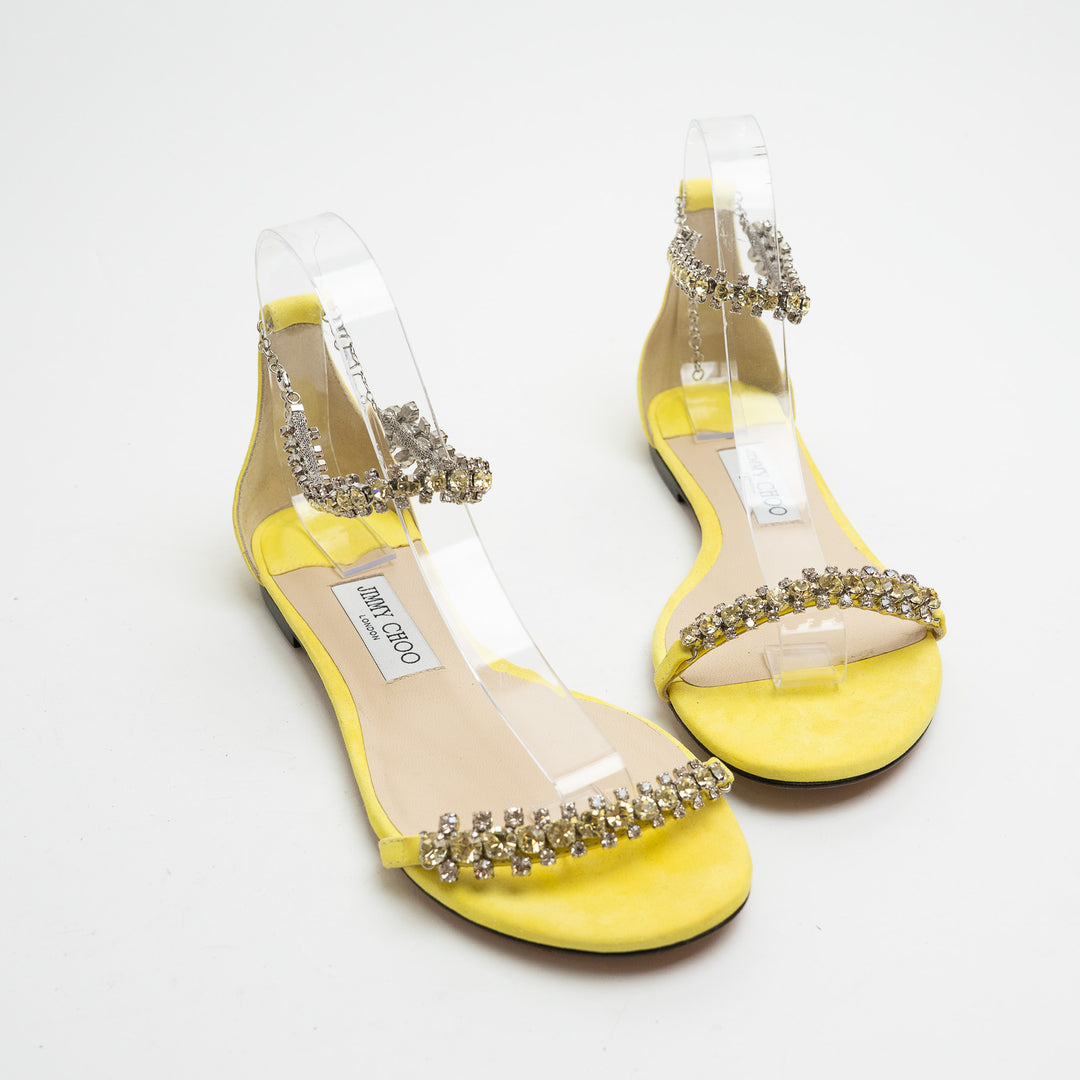 Jimmy Choo Yellow Suede Shiloh Flat Crystal Sandals Size 38