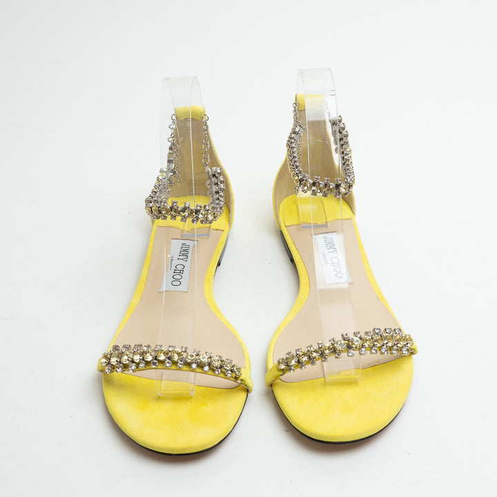 Jimmy Choo Yellow Suede Shiloh Flat Crystal Sandals Size 38