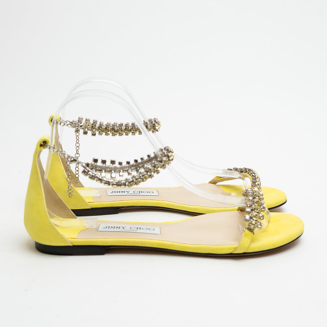 Jimmy Choo Yellow Suede Shiloh Flat Crystal Sandals Size 38