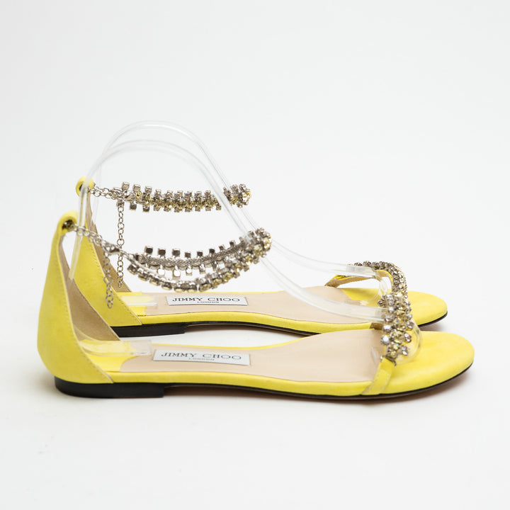 Jimmy Choo Yellow Suede Shiloh Flat Crystal Sandals Size 38