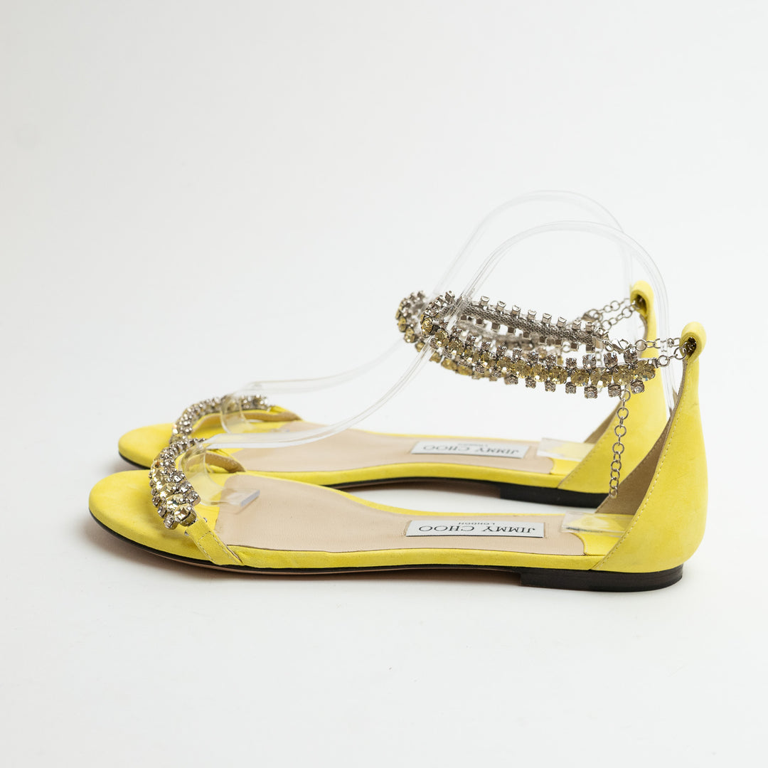 Jimmy Choo Yellow Suede Shiloh Flat Crystal Sandals Size 38