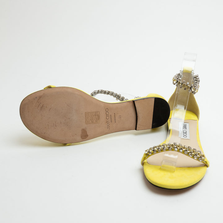 Jimmy Choo Yellow Suede Shiloh Flat Crystal Sandals Size 38