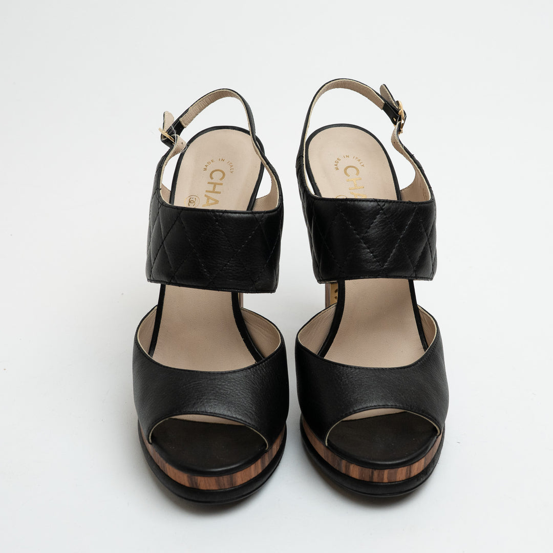 Pre-Loved Chanel™ Black Quilted Leather and Wood Platform Heel Sandals Size 41