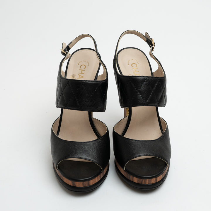 Pre-Loved Chanel™ Black Quilted Leather and Wood Platform Heel Sandals Size 41