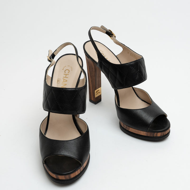 Pre-Loved Chanel™ Black Quilted Leather and Wood Platform Heel Sandals Size 41