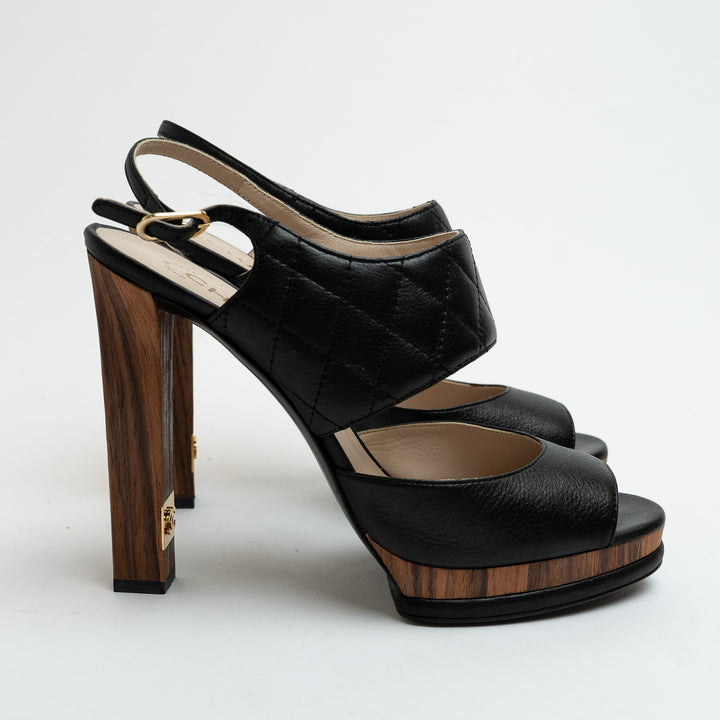 Pre-Loved Chanel™ Black Quilted Leather and Wood Platform Heel Sandals Size 41