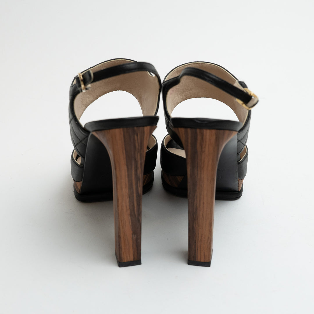 Pre-Loved Chanel™ Black Quilted Leather and Wood Platform Heel Sandals Size 41