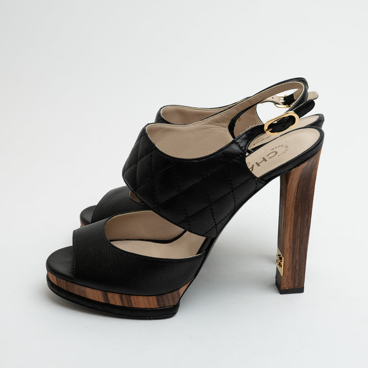 Pre-Loved Chanel™ Black Quilted Leather and Wood Platform Heel Sandals Size 41