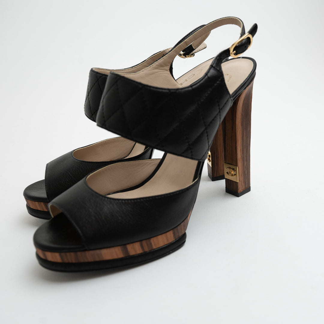 Pre-Loved Chanel™ Black Quilted Leather and Wood Platform Heel Sandals Size 41