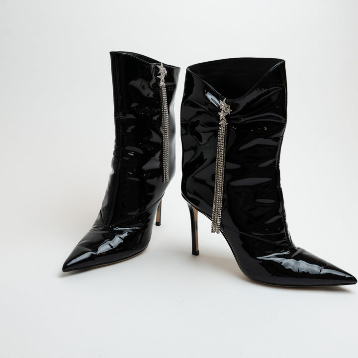 Jimmy Choo Oriel 110 Black Patent Leather Ankle Boots with Crystal Fringe Size 39