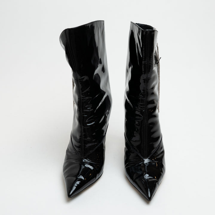 Jimmy Choo Oriel 110 Black Patent Leather Ankle Boots with Crystal Fringe Size 39