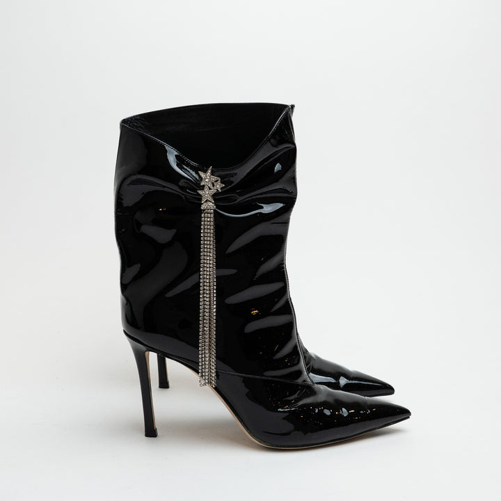 Jimmy Choo Oriel 110 Black Patent Leather Ankle Boots with Crystal Fringe Size 39