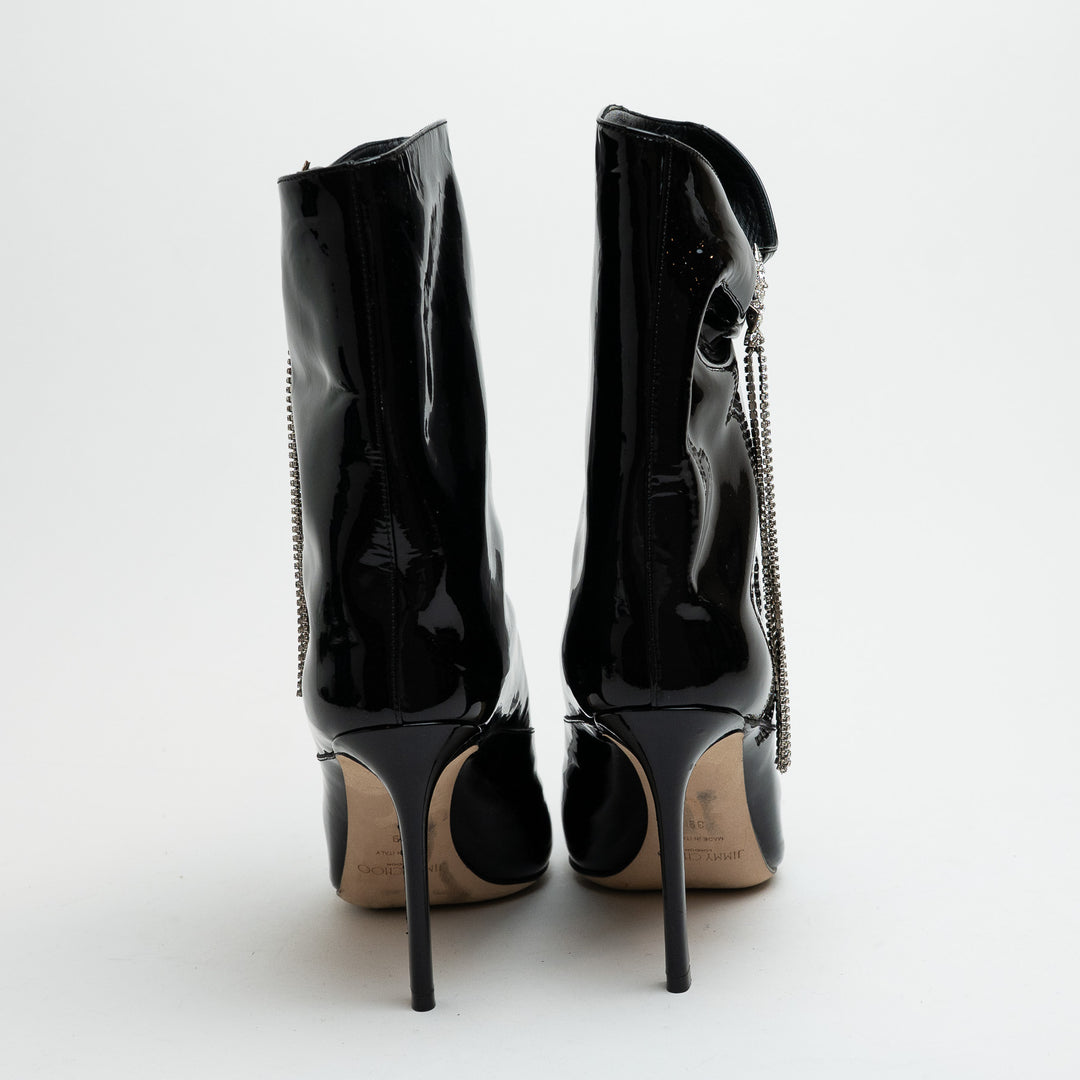 Jimmy Choo Oriel 110 Black Patent Leather Ankle Boots with Crystal Fringe Size 39