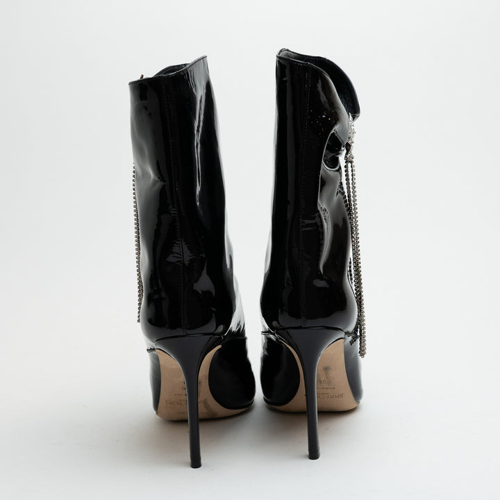 Jimmy Choo Oriel 110 Black Patent Leather Ankle Boots with Crystal Fringe Size 39