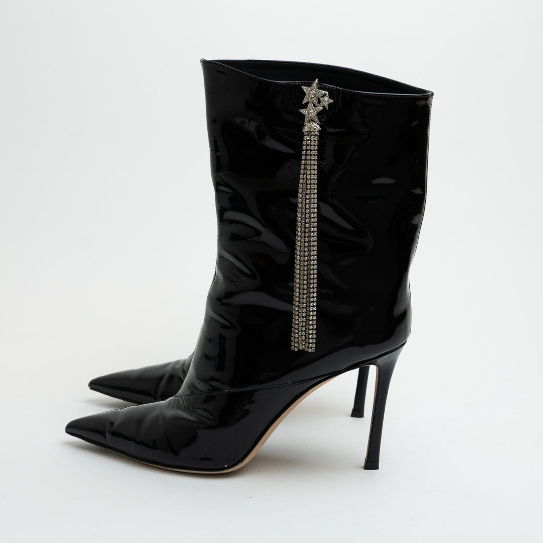 Jimmy Choo Oriel 110 Black Patent Leather Ankle Boots with Crystal Fringe Size 39