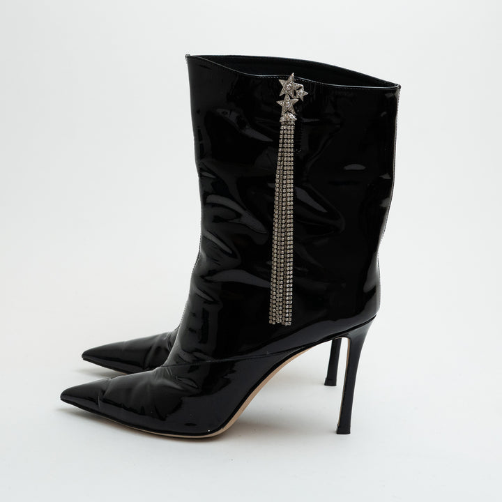 Jimmy Choo Oriel 110 Black Patent Leather Ankle Boots with Crystal Fringe Size 39