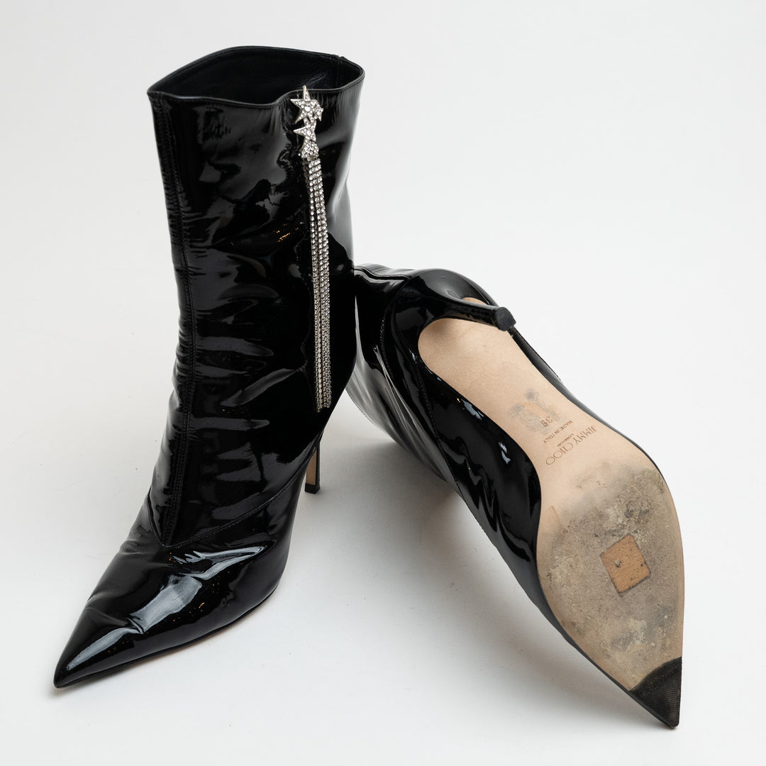 Jimmy Choo Oriel 110 Black Patent Leather Ankle Boots with Crystal Fringe Size 39