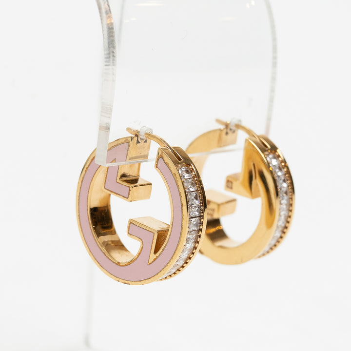 Gucci Gold-Tone & Pink Enamel Interlocking G Crystal Hoop Earrings