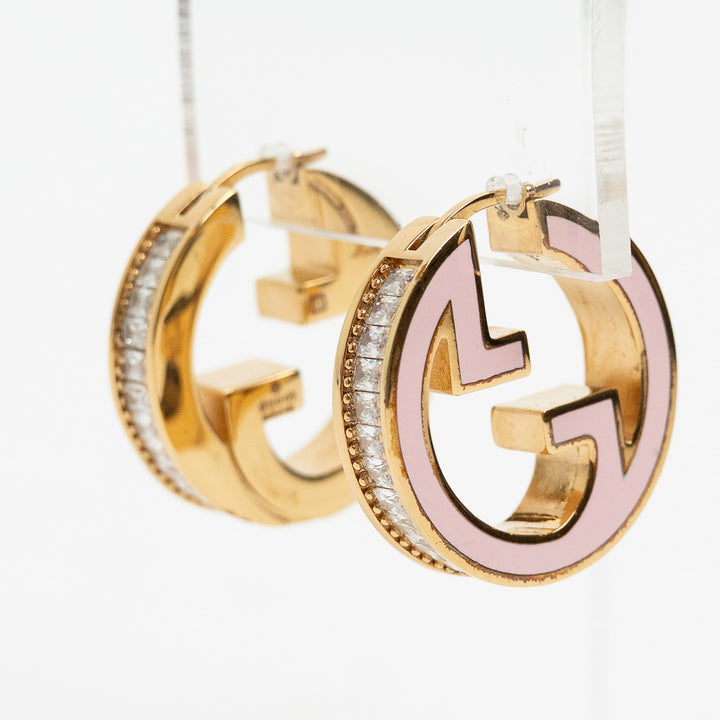 Gucci Gold-Tone & Pink Enamel Interlocking G Crystal Hoop Earrings